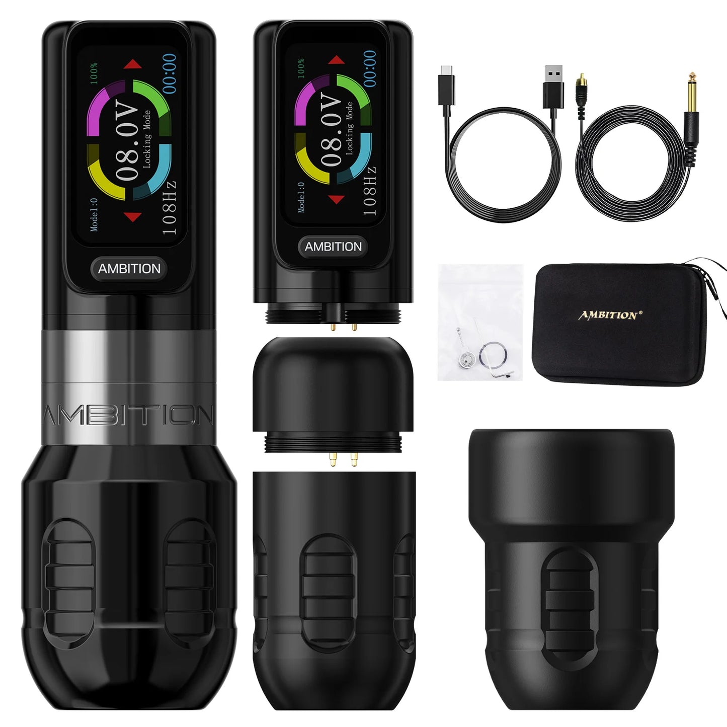 Ambition Zetton Wireless Tattoo Machine Pen Straight Rod Brushless Motor 2400mAh Battery 4.0mm+3.5mm Stroke Grip 34-42mm Size