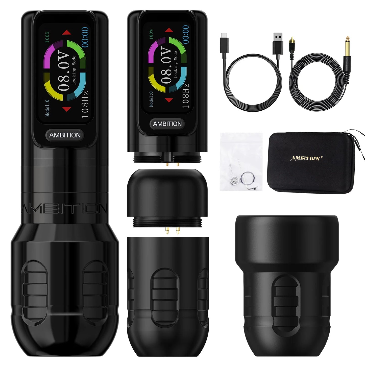 Ambition Zetton Wireless Tattoo Machine Pen Straight Rod Brushless Motor 2400mAh Battery 4.0mm+3.5mm Stroke Grip 34-42mm Size