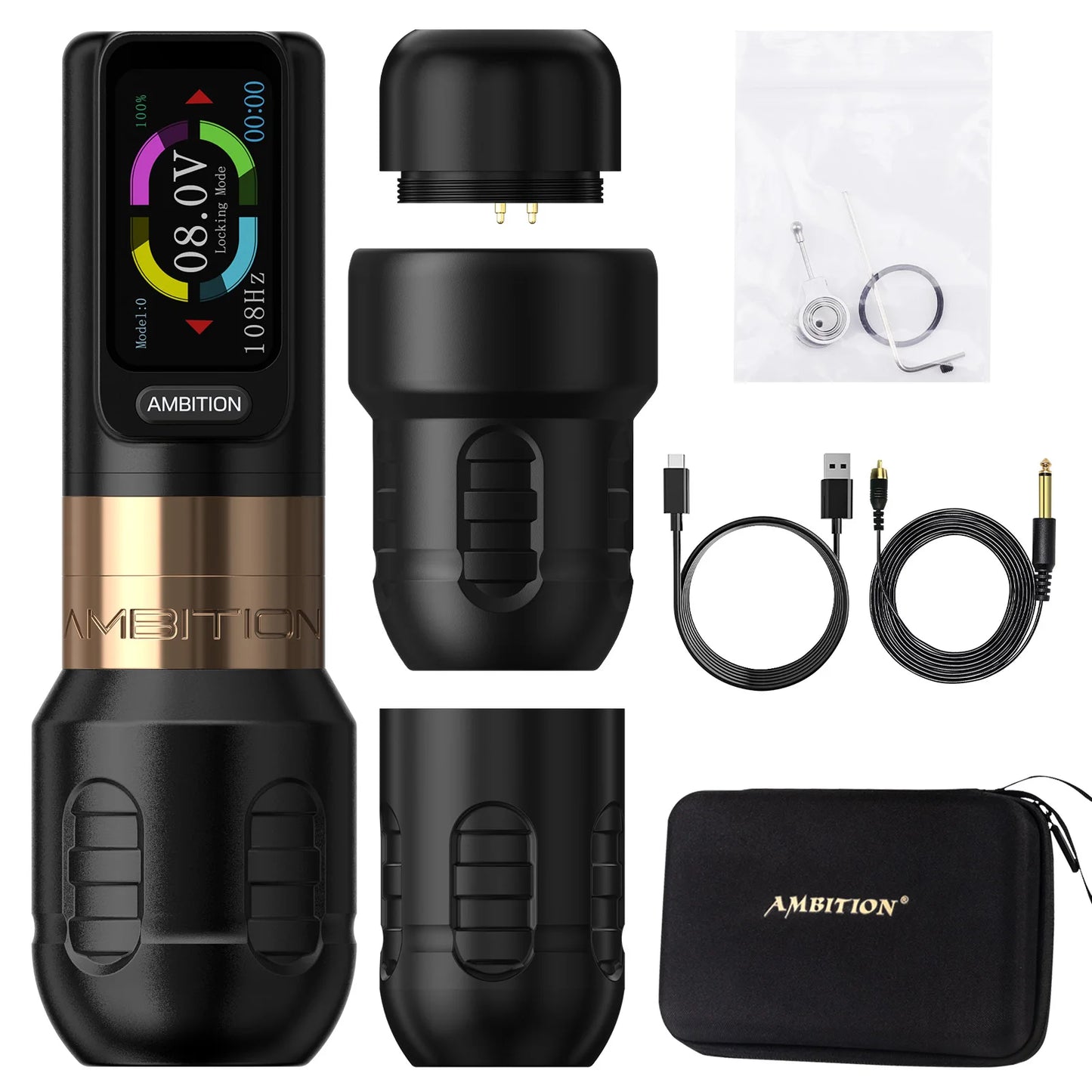 Ambition Zetton Wireless Tattoo Machine Pen Straight Rod Brushless Motor 2400mAh Battery 4.0mm+3.5mm Stroke Grip 34-42mm Size
