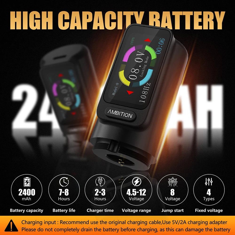 Ambition Zetton Wireless Tattoo Machine Pen Straight Rod Brushless Motor 2400mAh Battery 4.0mm+3.5mm Stroke Grip 34-42mm Size
