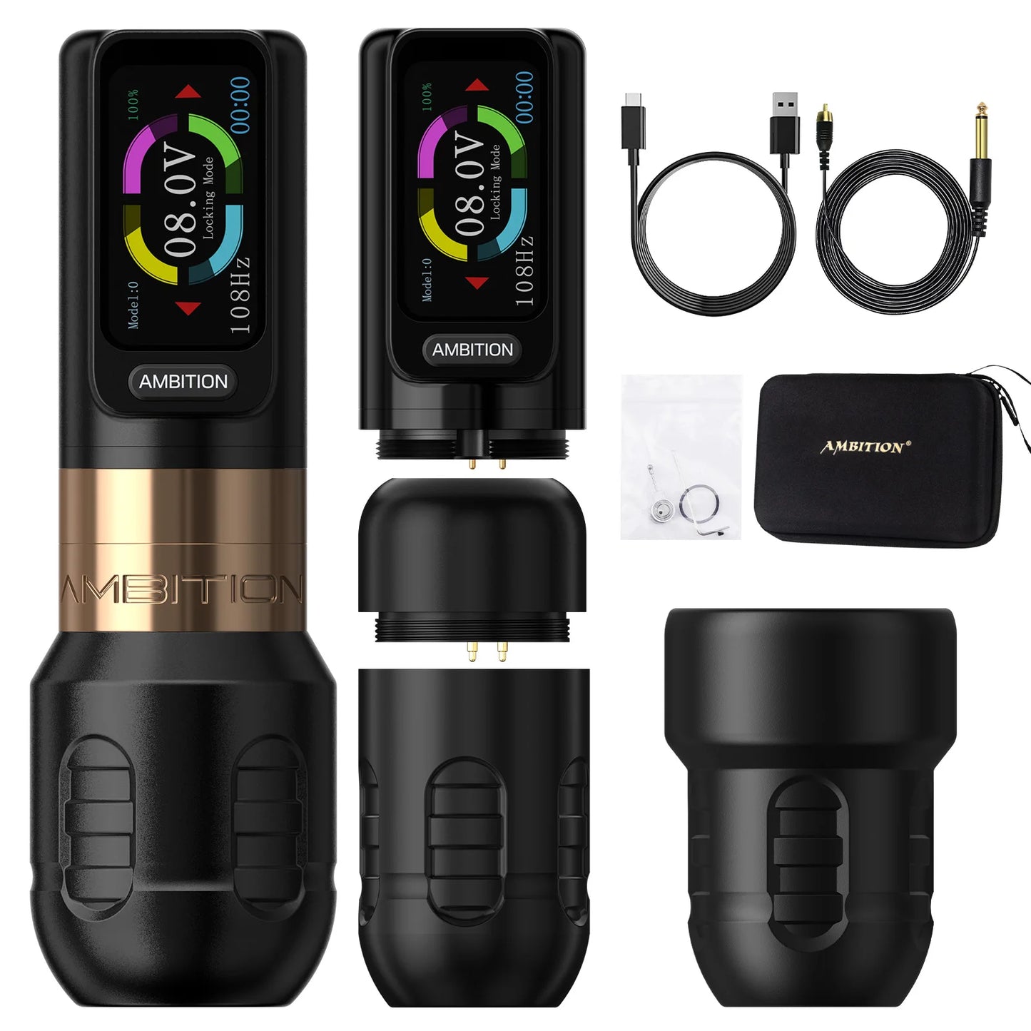 Ambition Zetton Wireless Tattoo Machine Pen Straight Rod Brushless Motor 2400mAh Battery 4.0mm+3.5mm Stroke Grip 34-42mm Size