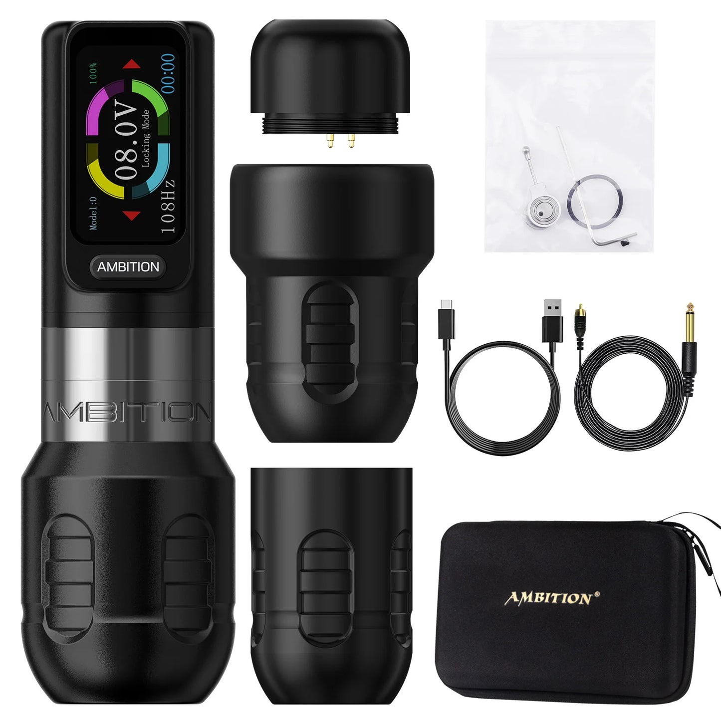 Ambition Zetton Wireless Tattoo Machine Pen Straight Rod Brushless Motor 2400mAh Battery 4.0mm+3.5mm Stroke Grip 34-42mm Size