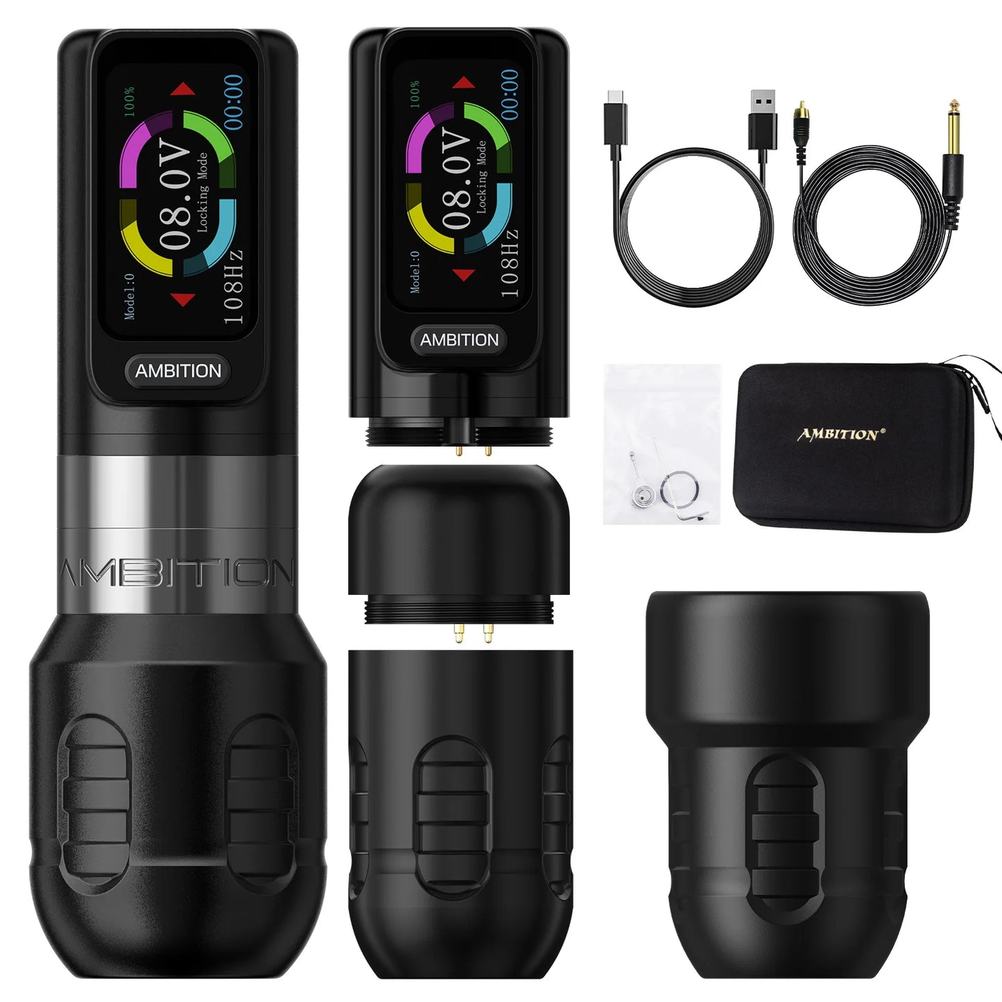 Ambition Zetton Wireless Tattoo Machine Pen Straight Rod Brushless Motor 2400mAh Battery 4.0mm+3.5mm Stroke Grip 34-42mm Size