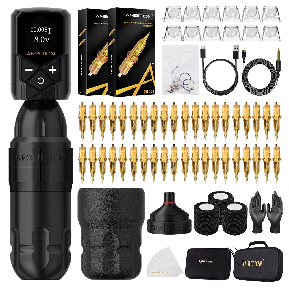 Ambition Shura Kit 2024 Double Bearing Rotary Tattoo Machine Pen RCA Stroke 3.5mm-4.0mm Coreless Motor Kuark Wireless Battery