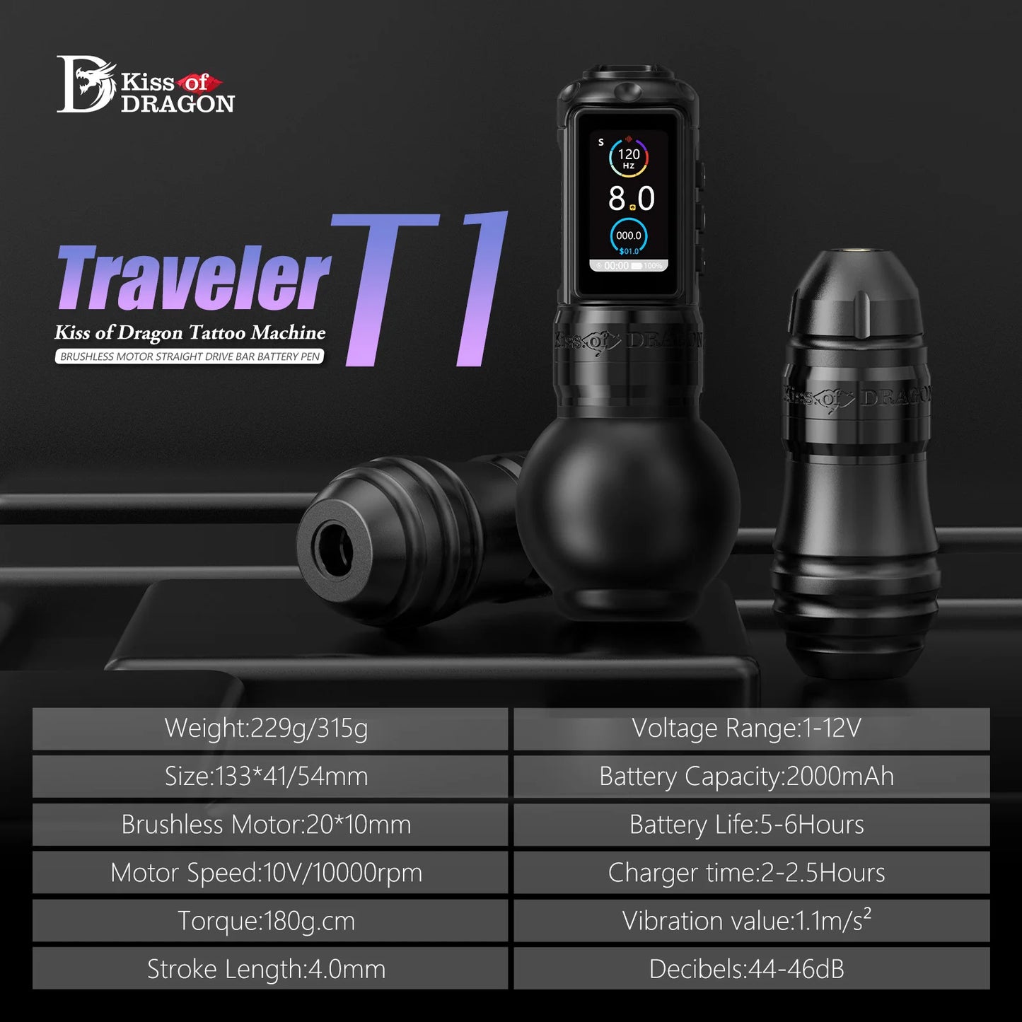 Ambition Traveler-T1 Grip 54mm Brushless Motor Wireless Tattoo Machine Stroke 4.0mm Straight rod Pen Battery Capacity 2000mAh