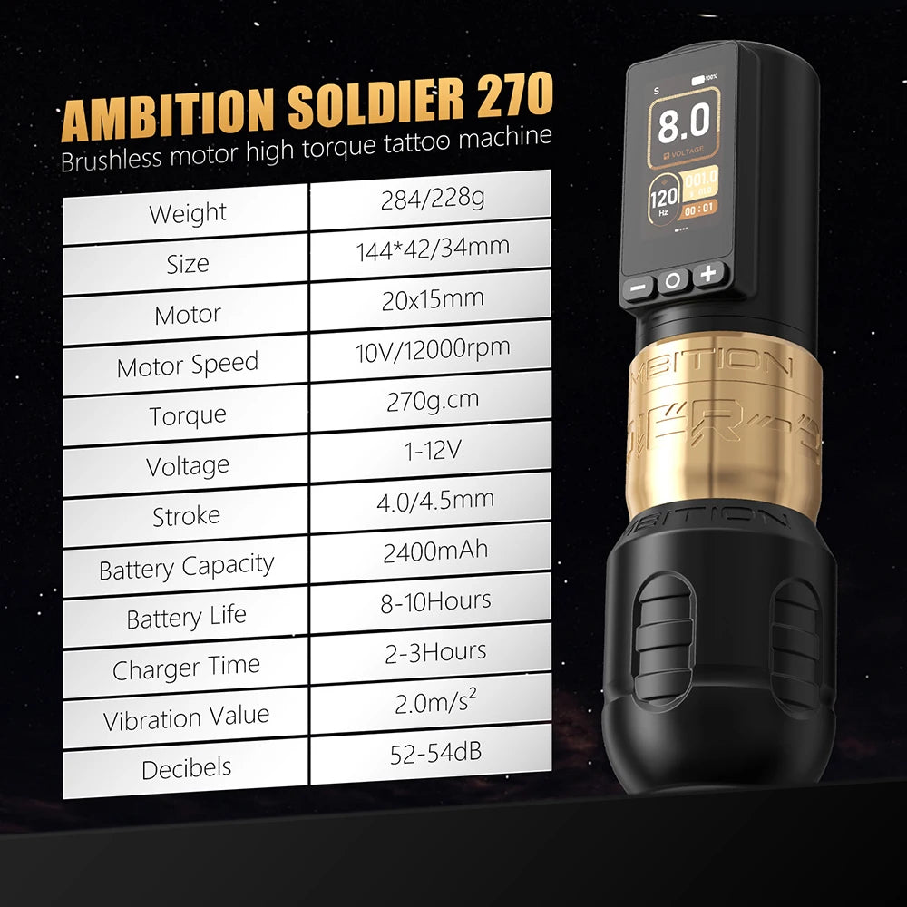 Ambition Soldier270 Kit Wireless Tattoo Machine Stroke Pen 4.0+4.5mm Professional Brushless Motor 2400mAh Battery Grip 34+42mm