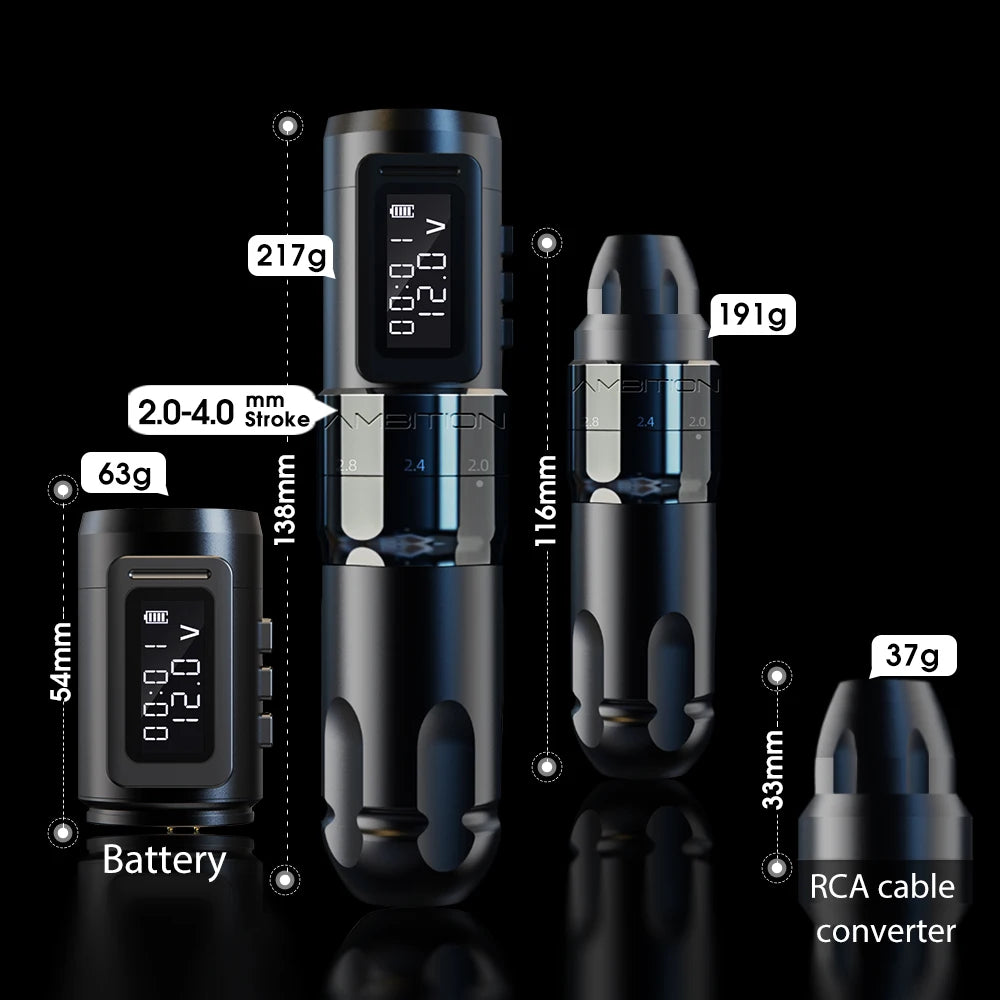 Ambition MARS-U Professional Wireless Tattoo Machine Pen Adjustable Stroke 2-4mm Cartridge 1800mAh Coreless Motor Tattoo Artists