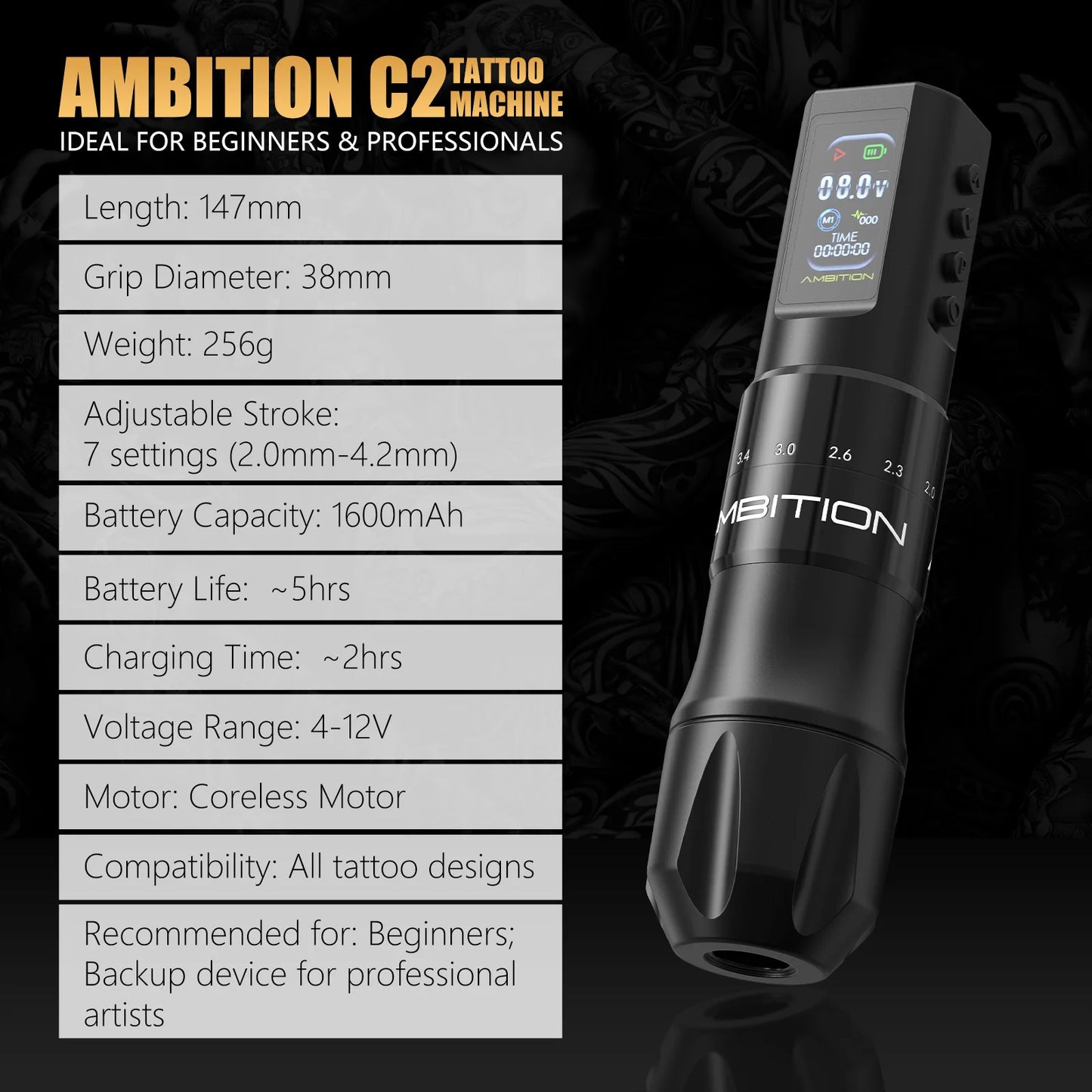Ambition C2 Wireless Tattoo Machine Pen 7 Adjustable Stroke Coreless Motor 1600mAh Battery Makeup Microplasty Pen For Tattoo Art