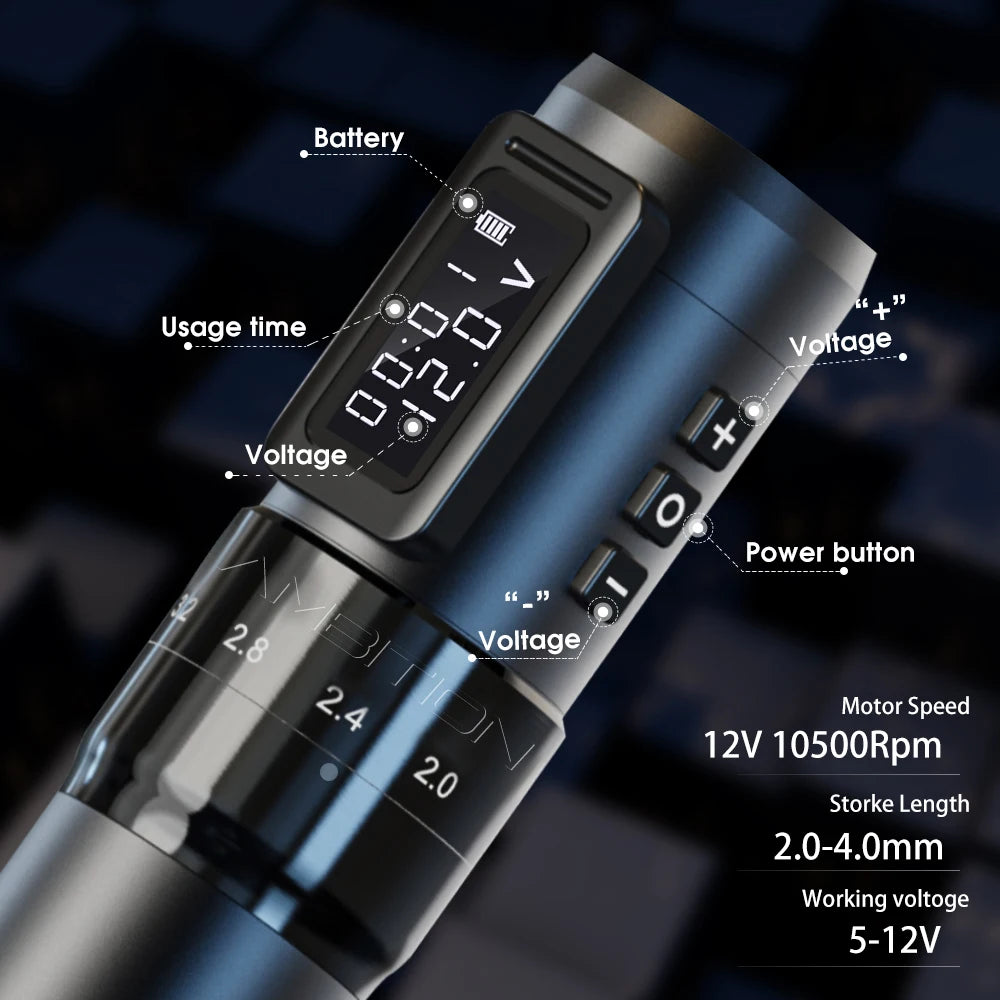 Ambition MARS-U Professional Wireless Tattoo Machine Pen Adjustable Stroke 2-4mm Cartridge 1800mAh Coreless Motor Tattoo Artists
