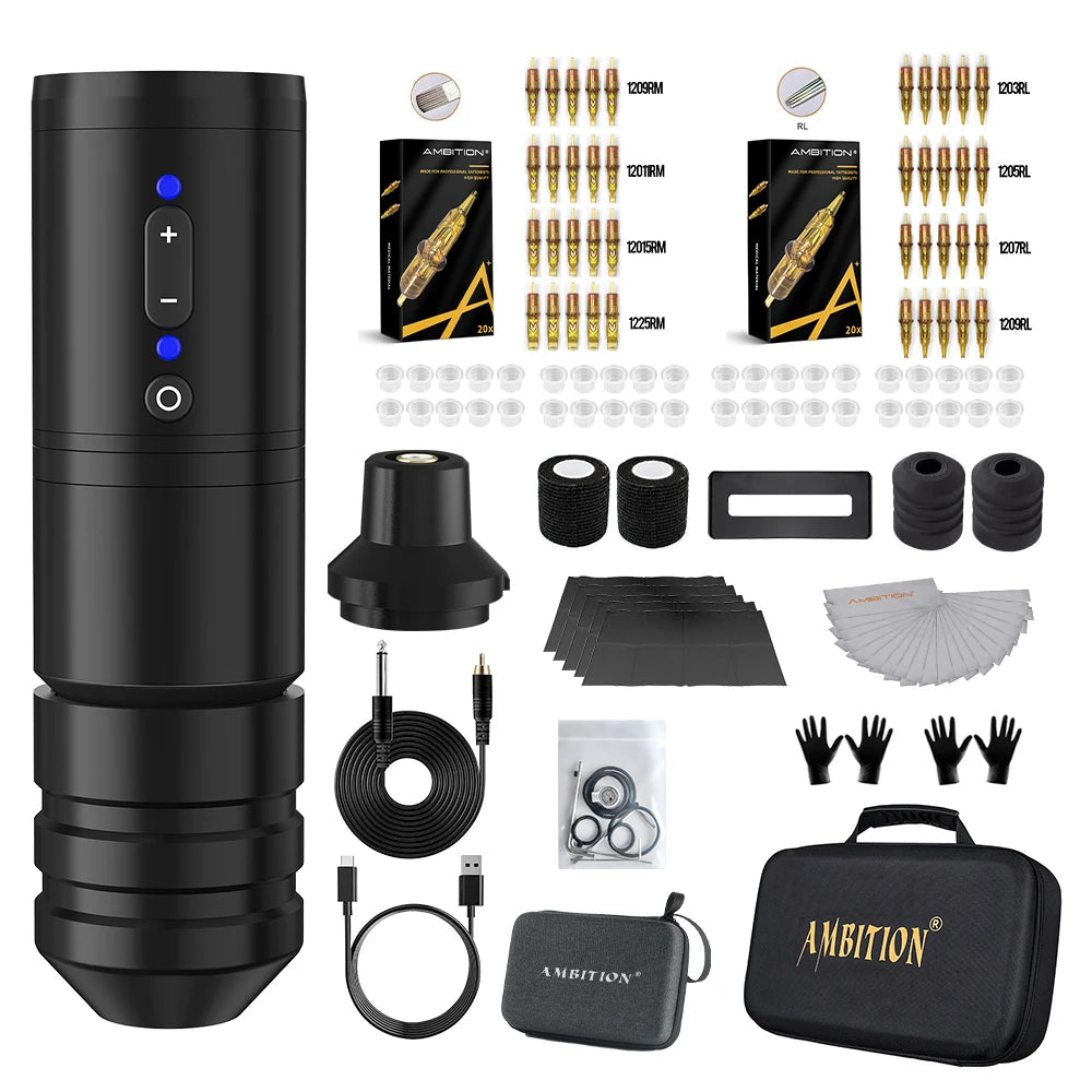 Ambition Ninja Pro Wireless Tattoo Machine Kit 2000mAh Battery 4.0mm Stroke Tattoo Pen Professional Set Permanent Makeup Tools