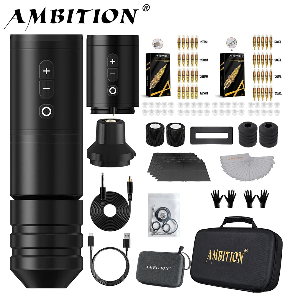 Ambition Ninja Pro Wireless Tattoo Machine Kit 2000mAh Battery Tattoo Pen Professional Full Set Permanent Makeup Tools Body Art