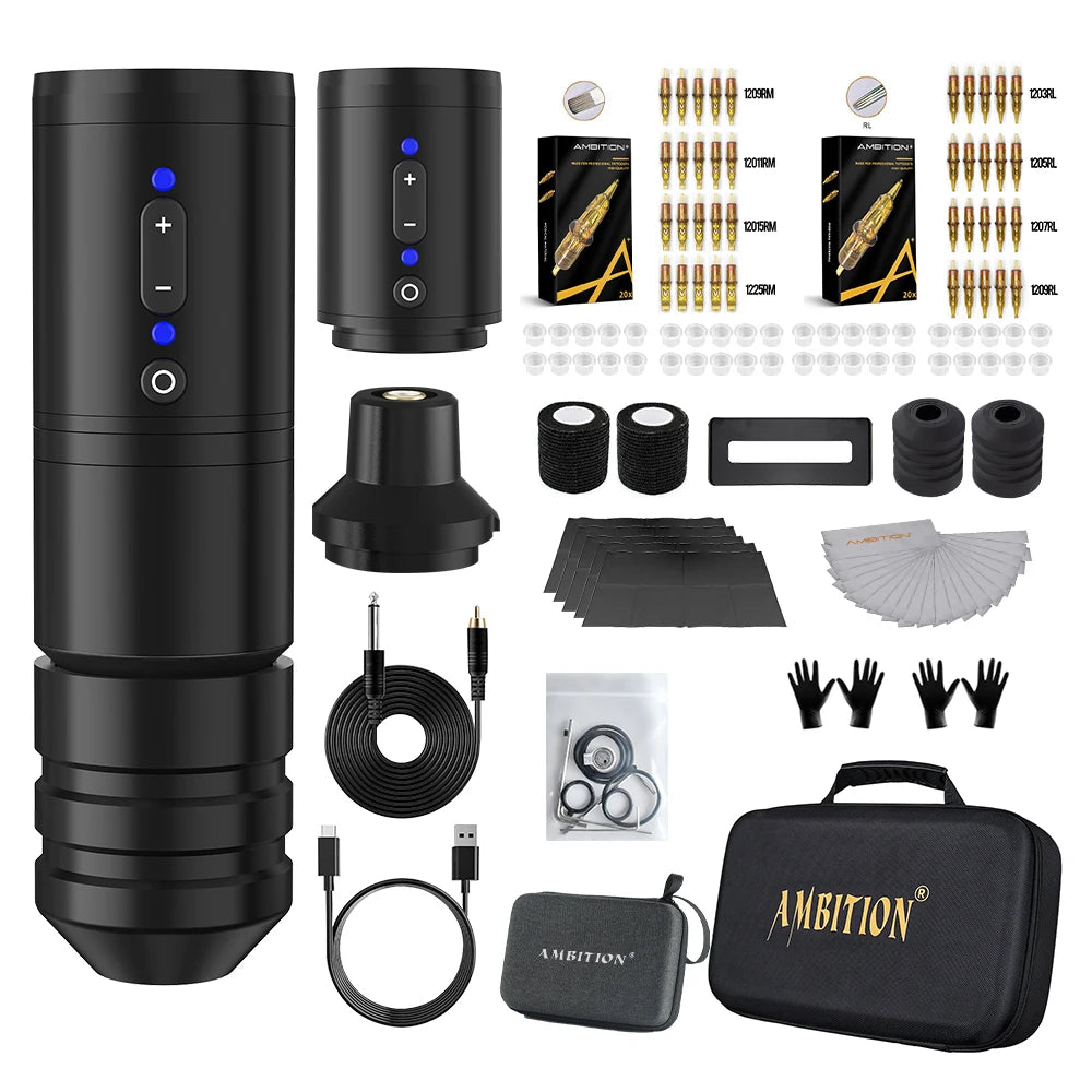 Ambition Ninja Pro Wireless Tattoo Machine Kit 2000mAh Battery Tattoo Pen Professional Full Set Permanent Makeup Tools Body Art