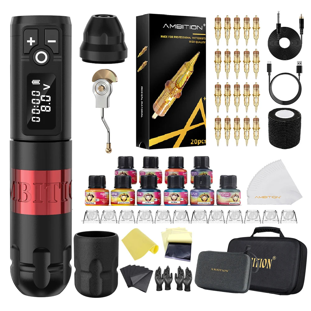 Ambition Soldier Kit Wireless Tattoo Machine Pen Gun 20pcs Glory Tattoo Cartridge Needle Set for Beginners & Professional Artist