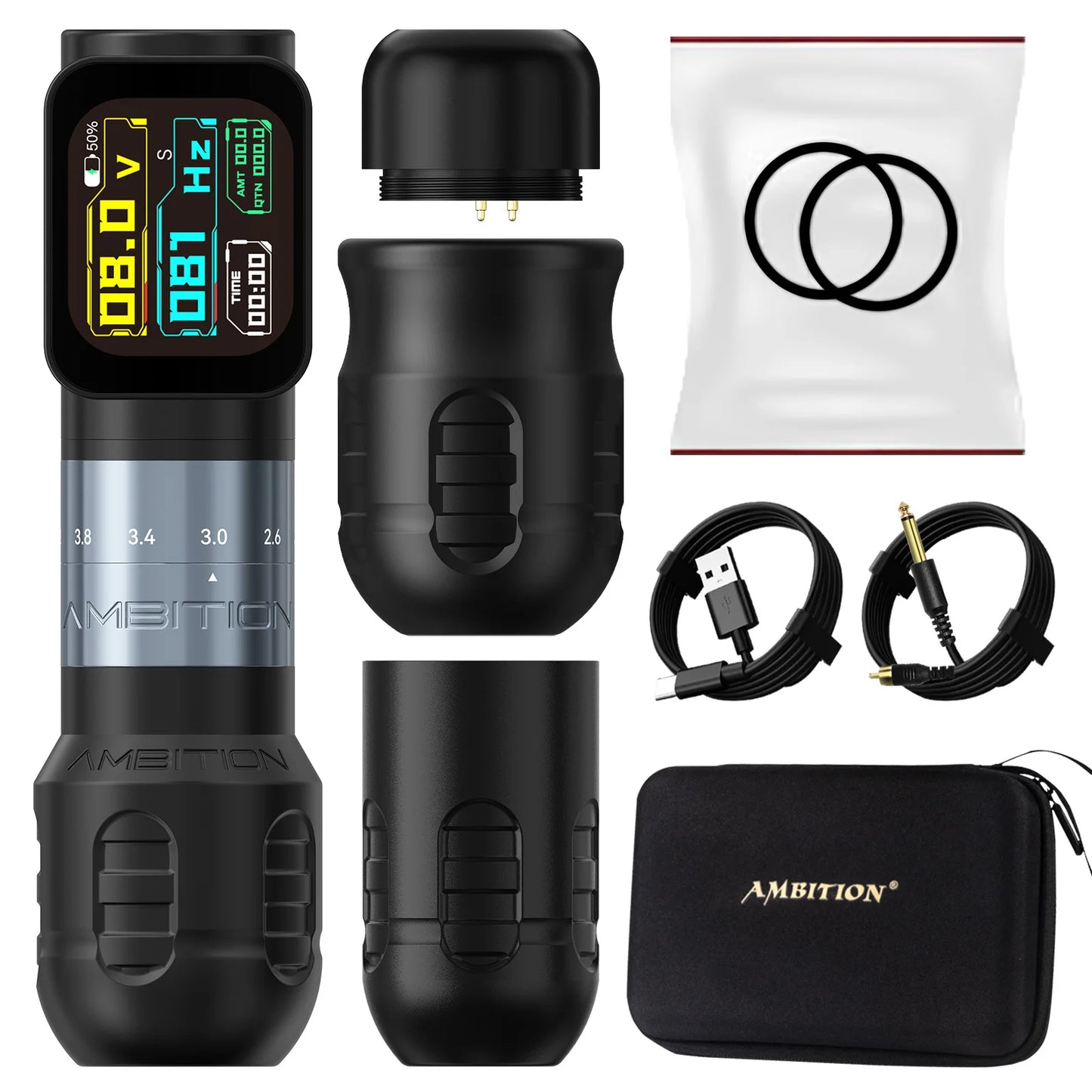 Ambition Seher Pro 2.2-4.2mm Adjustable Stroke Tattoo Pen Wireless Tattoo Machine 2400mAh Battery Coreless Motor 42mm+34mm Grip