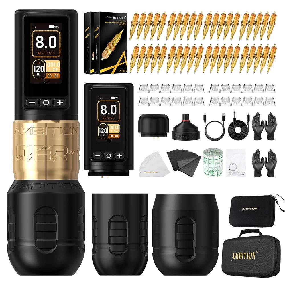 Ambition Soldier270 Kit Wireless Tattoo Machine Stroke Pen 4.0+4.5mm Professional Brushless Motor 2400mAh Battery Grip 34+42mm
