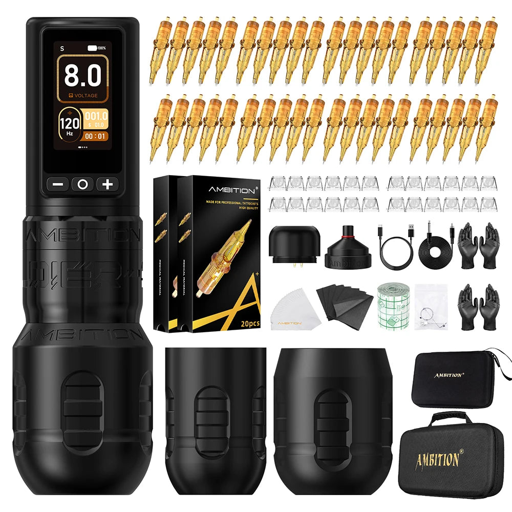 Ambition Soldier270 Kit Wireless Tattoo Machine Stroke Pen 4.0+4.5mm Professional Brushless Motor 2400mAh Battery Grip 34+42mm
