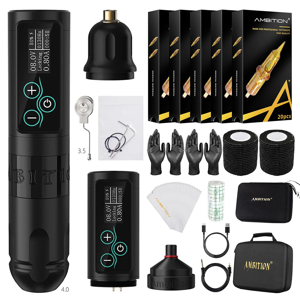 Ambition Vibe Professional Set Wireless tattoo machine kit Strong Coreless Motor 2400 mAh Battery for Tattoo Artist