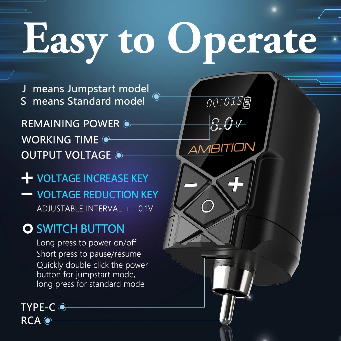 Ambition Kuark Wireless Tattoo Battery Power Supply RCA Interface 2400amh Portable LCD Display For Rotary Machine Fast Charger