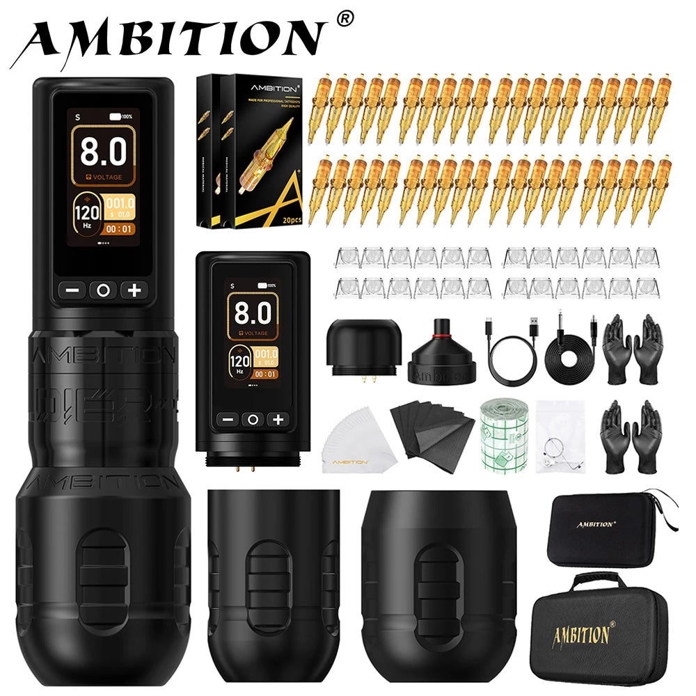 Ambition Soldier270 Kit Wireless Tattoo Machine Stroke Pen 4.0+4.5mm Professional Brushless Motor 2400mAh Battery Grip 34+42mm