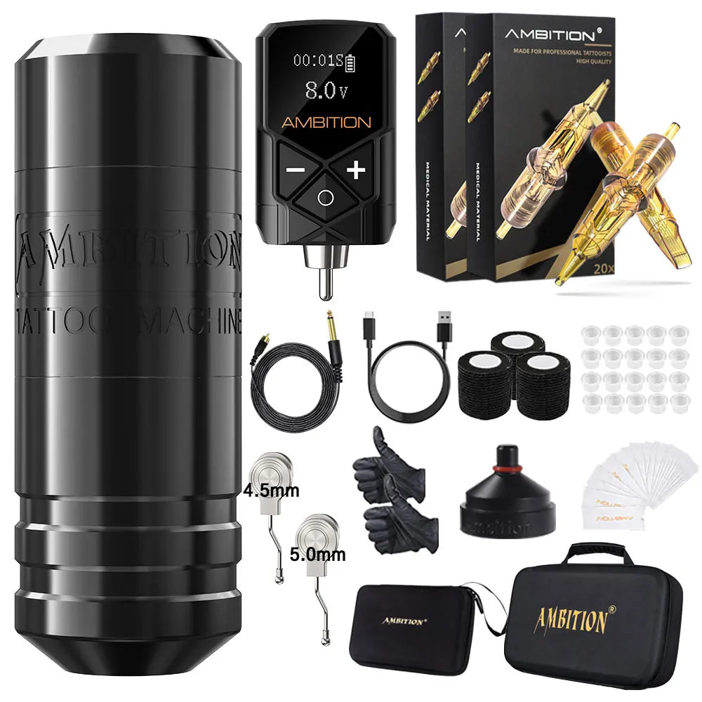 Ambition Torped Tattoo Machine Kit Stroke 4.0-4.5-5.0mm Rotary Pen Kuark RCA Wireless Battery 2400mAh Brushless Motor Profession