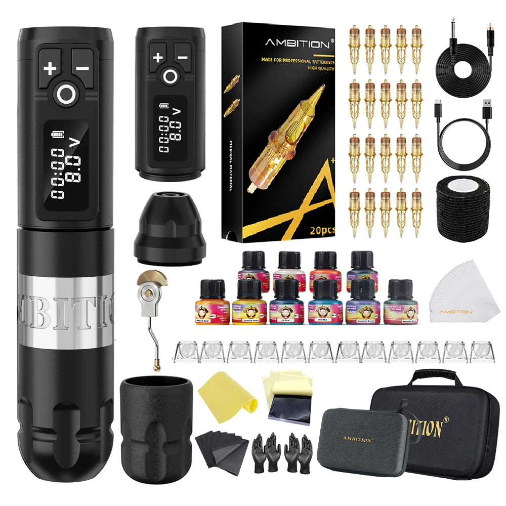 Ambition Soldier Kit Wireless Tattoo Machine Pen Gun 20pcs Glory Tattoo Cartridge Needle Set for Beginners & Professional Artist