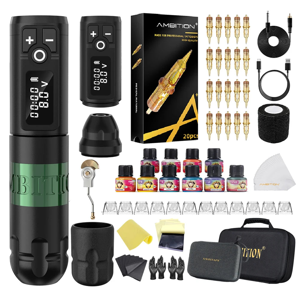 Ambition Soldier Kit Wireless Tattoo Machine Pen Gun 20pcs Glory Tattoo Cartridge Needle Set for Beginners & Professional Artist