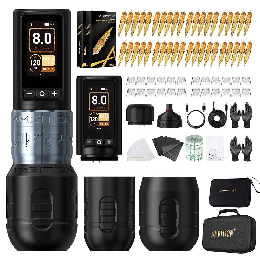 Ambition Soldier270 Kit Wireless Tattoo Machine Stroke Pen 4.0+4.5mm Professional Brushless Motor 2400mAh Battery Grip 34+42mm