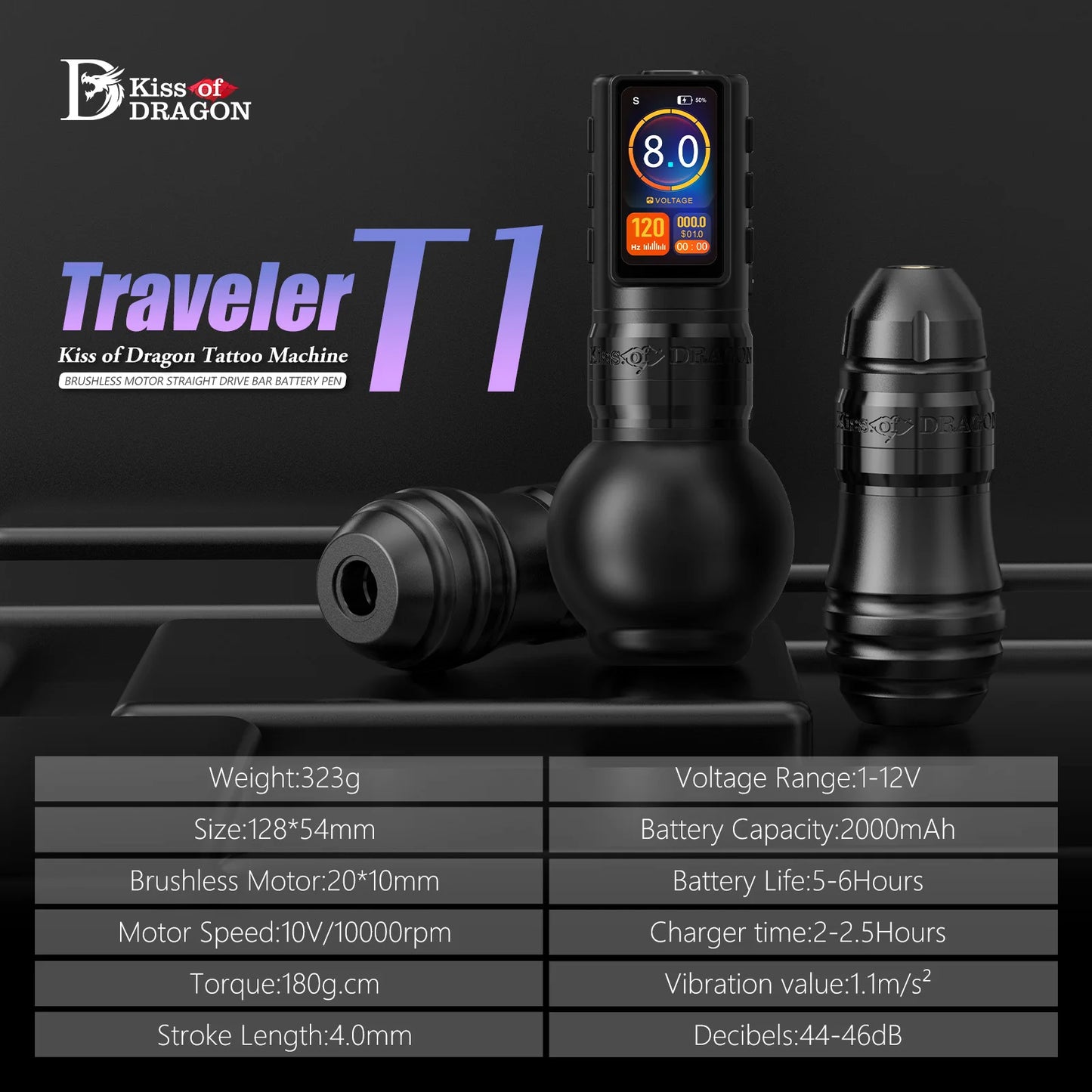 Ambition Traveler-T1 2025 Stroke 4.0mm Straight rod Brushless Motor Wireless Tattoo Machine Pen Capacity 2000mAh Grip 54mm