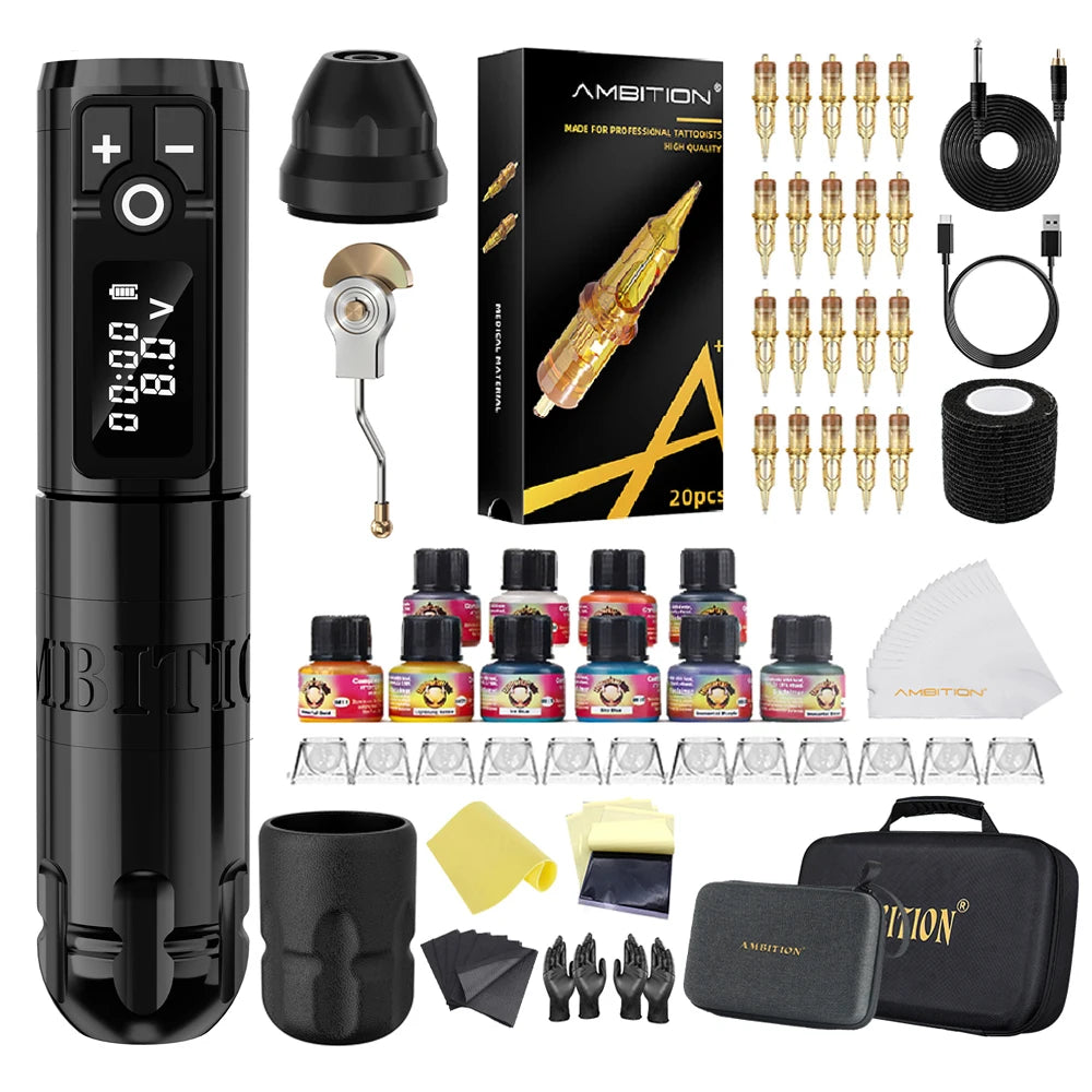 Ambition Soldier Kit Wireless Tattoo Machine Pen Gun 20pcs Glory Tattoo Cartridge Needle Set for Beginners & Professional Artist
