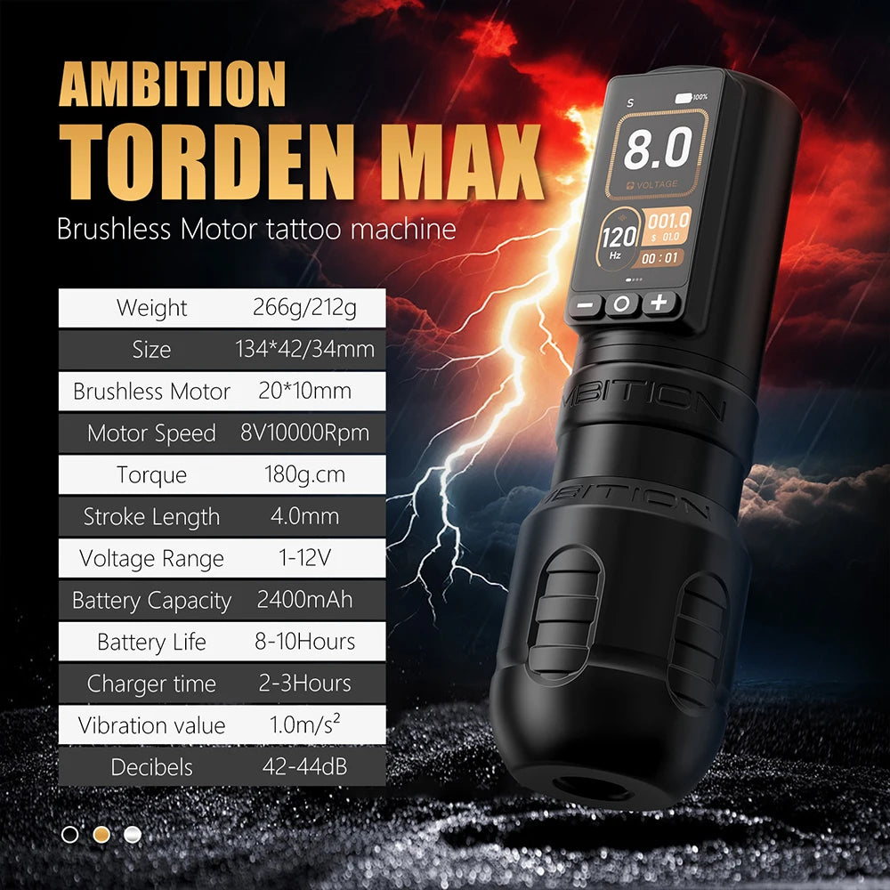 Ambition Torden Max Kit Stroke 4.0+3.5mm Wireless Tattoo Machine Brushless Motor Straight Rod Pen Battery 2400mAh Touch Screen
