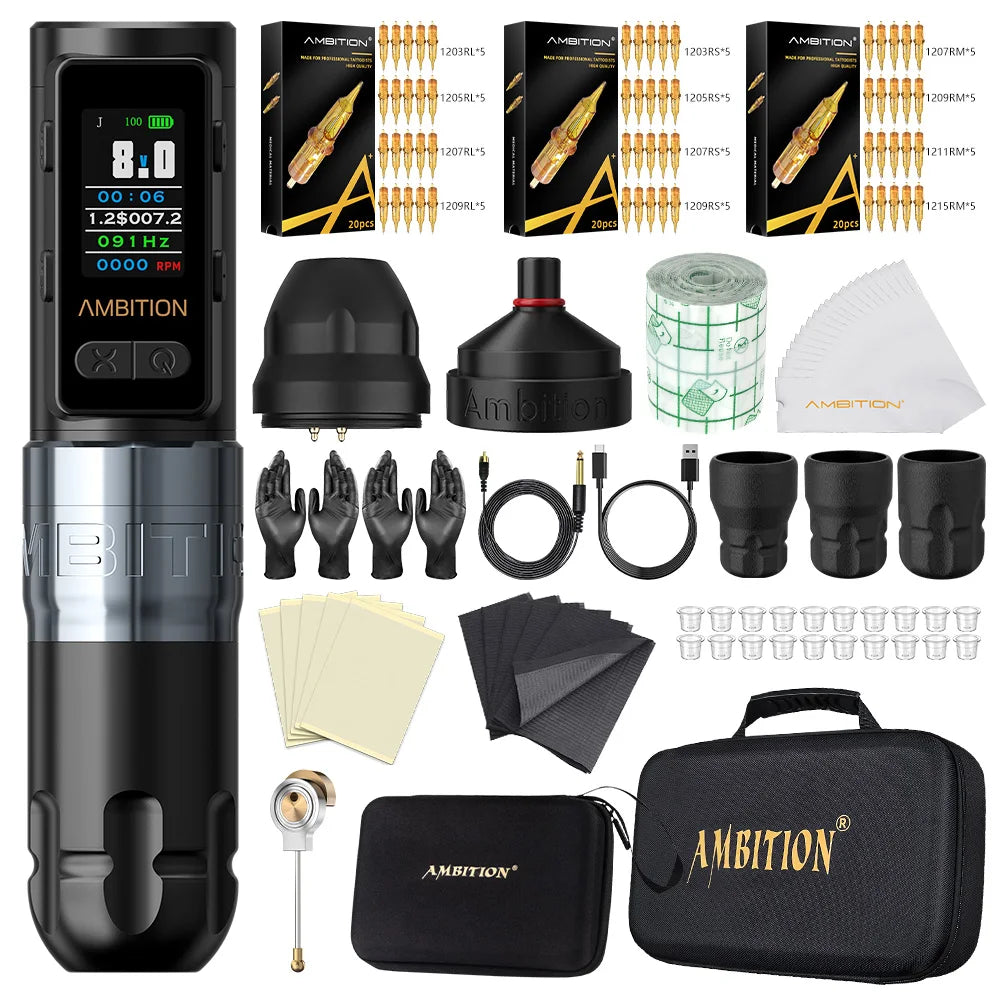 Ambition Soldier Max Kit Wireless Tattoo Machine Straight Rod Stroke 4.0mm Color Screen Billing Battery 2400mAh Coreless Motor