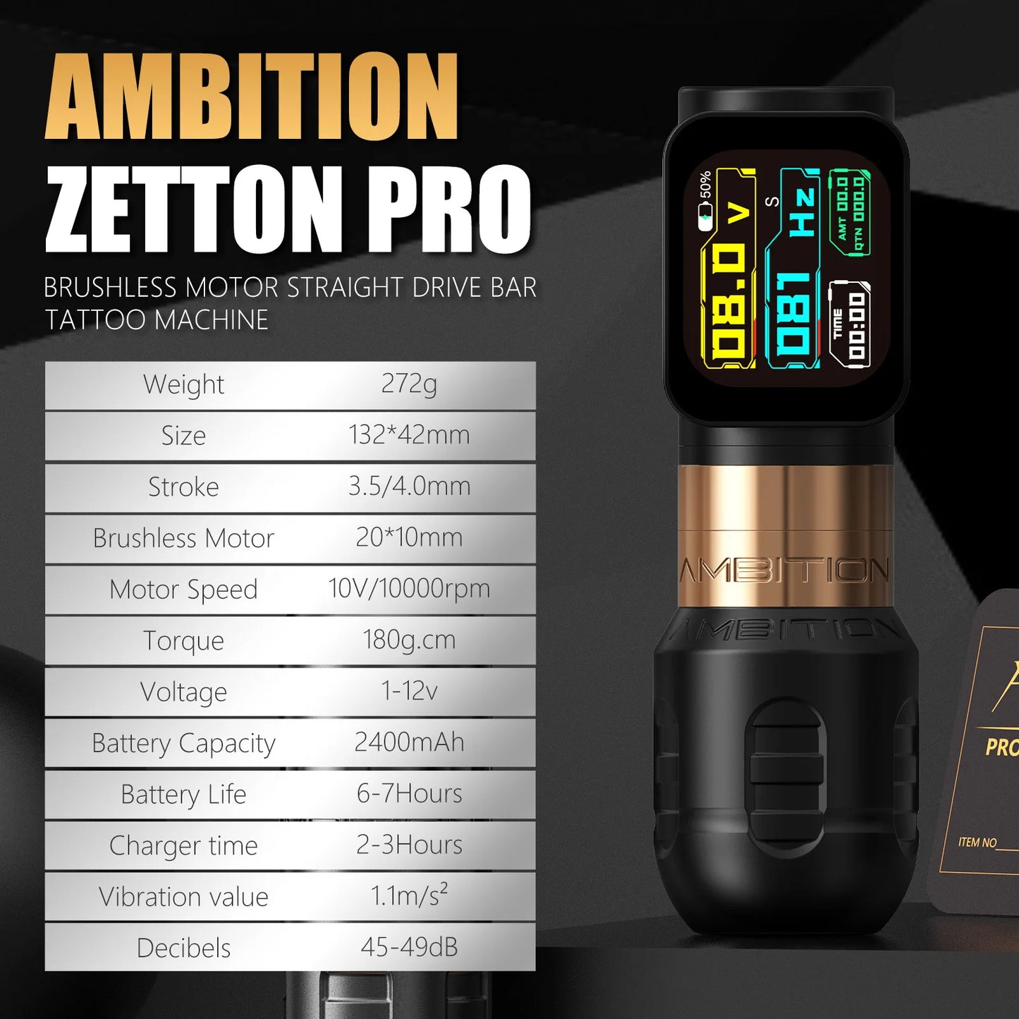 Ambition Zetton Pro Stroke 3.5mm+4.0mm Wireless Tattoo Machine Battery Pen 2400mA 1-12V Professional Brushless Motor
