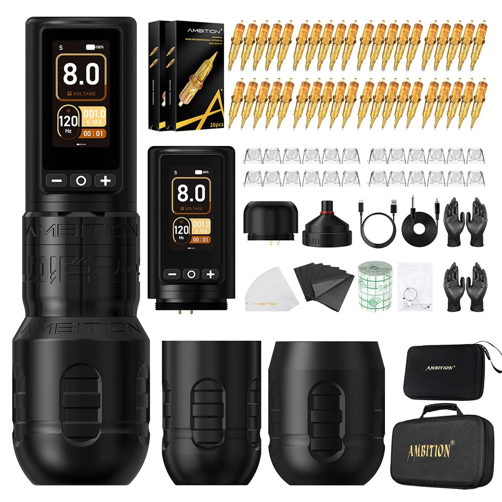 Ambition Soldier270 Kit Wireless Tattoo Machine Stroke Pen 4.0+4.5mm Professional Brushless Motor 2400mAh Battery Grip 34+42mm