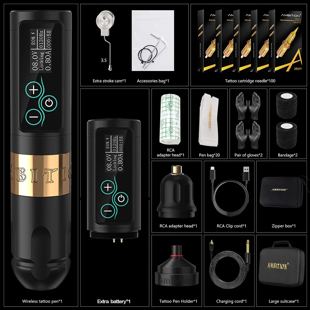 Ambition Vibe Professional Set Wireless tattoo machine kit Strong Coreless Motor 2400 mAh Battery for Tattoo Artist