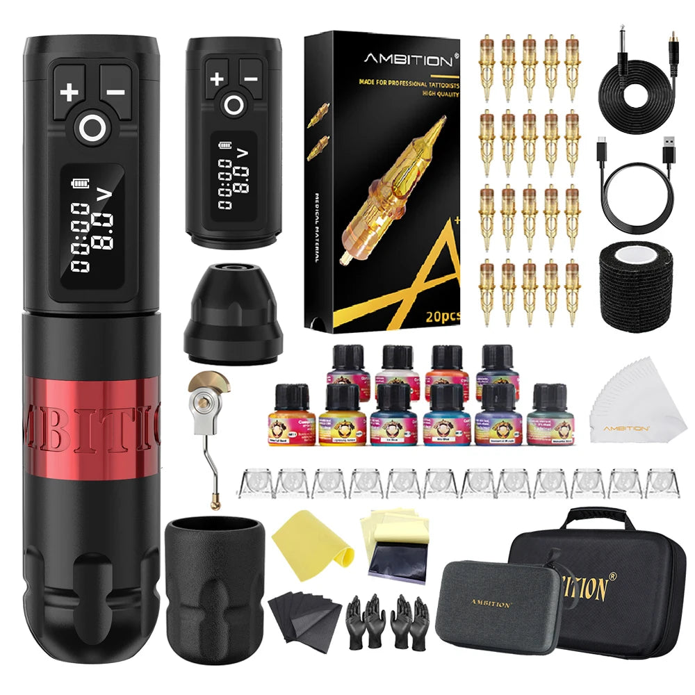 Ambition Soldier Kit Wireless Tattoo Machine Pen Gun 20pcs Glory Tattoo Cartridge Needle Set for Beginners & Professional Artist