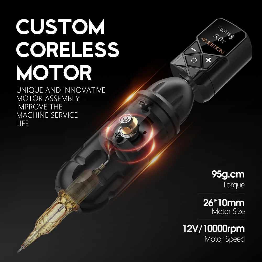 Ambition Shura Kit 2024 Double Bearing Rotary Tattoo Machine Pen RCA Stroke 3.5mm-4.0mm Coreless Motor Kuark Wireless Battery