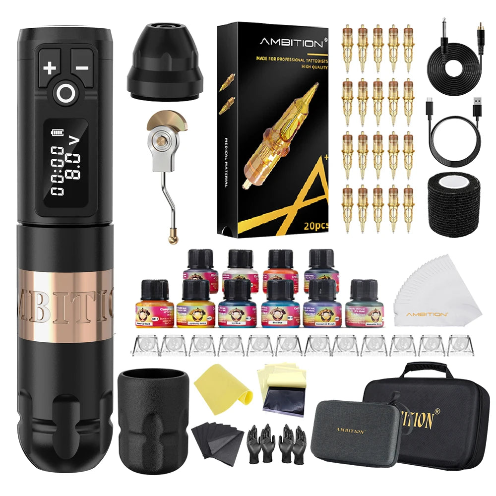 Ambition Soldier Kit Wireless Tattoo Machine Pen Gun 20pcs Glory Tattoo Cartridge Needle Set for Beginners & Professional Artist