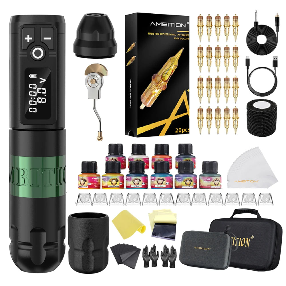 Ambition Soldier Kit Wireless Tattoo Machine Pen Gun 20pcs Glory Tattoo Cartridge Needle Set for Beginners & Professional Artist