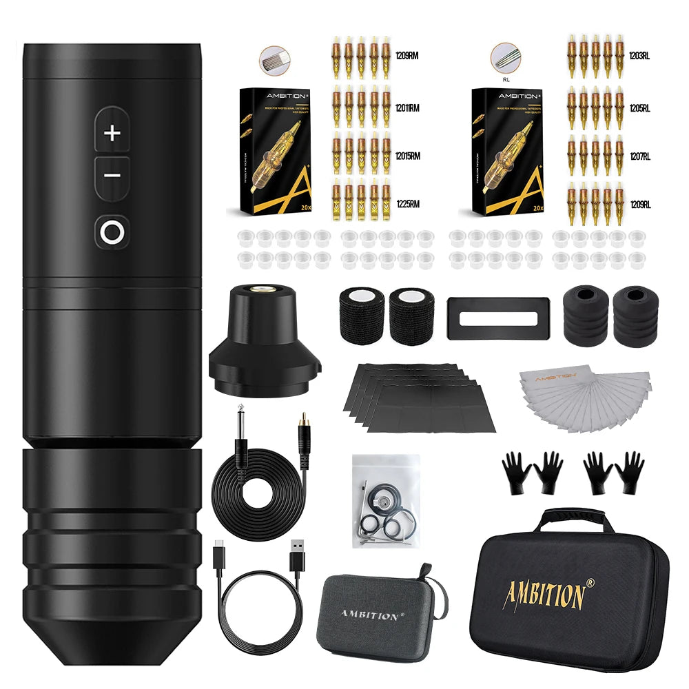Ambition Ninja Pro Wireless Tattoo Machine Kit 2000mAh Battery 4.0mm Stroke Tattoo Pen Professional Set Permanent Makeup Tools