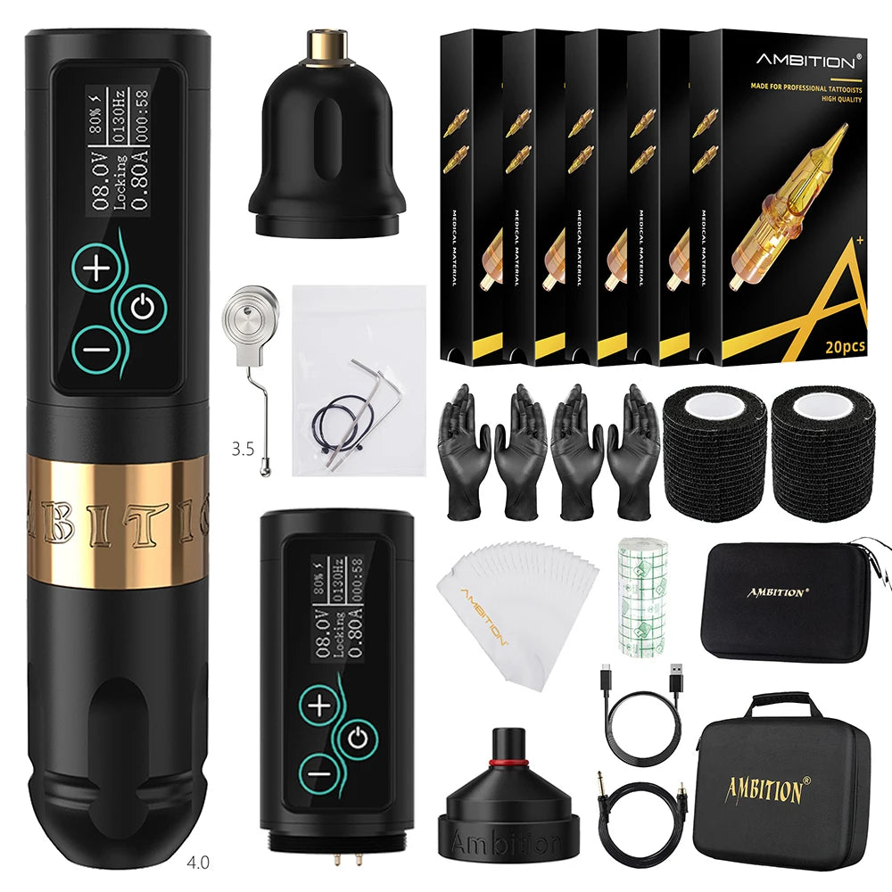 Ambition Vibe Professional Set Wireless tattoo machine kit Strong Coreless Motor 2400 mAh Battery for Tattoo Artist