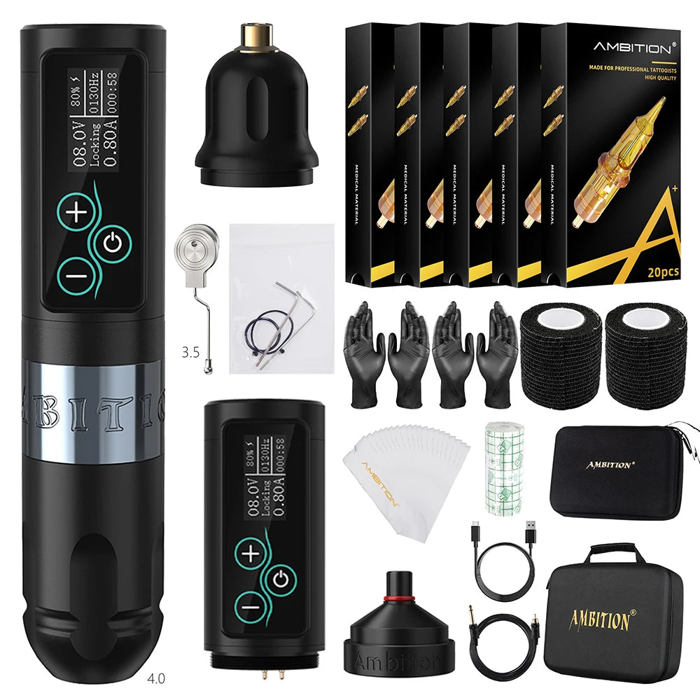 Ambition Vibe Professional Set Wireless tattoo machine kit Strong Coreless Motor 2400 mAh Battery for Tattoo Artist