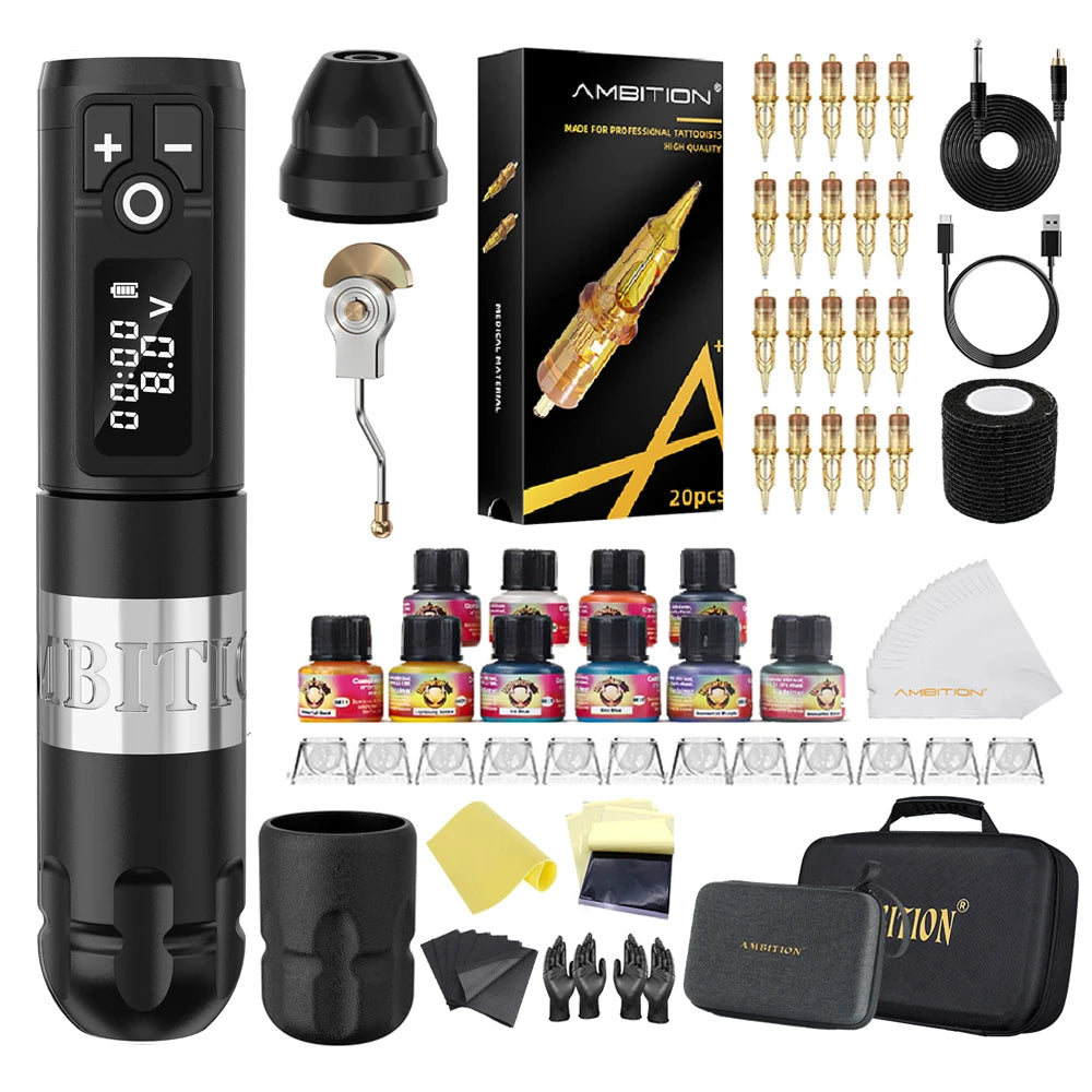 Ambition Soldier Kit Wireless Tattoo Machine Pen Gun 20pcs Glory Tattoo Cartridge Needle Set for Beginners & Professional Artist