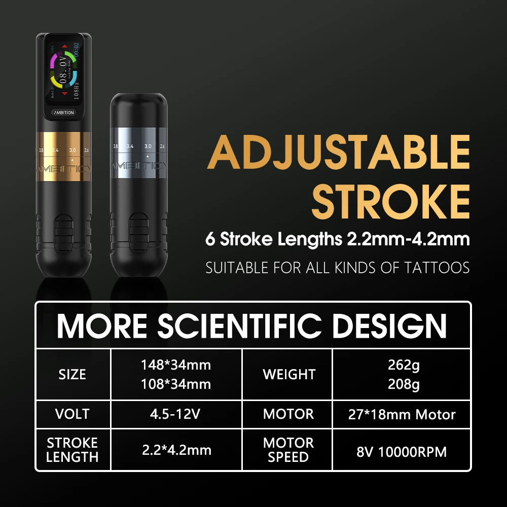 Ambition Seher Wireless Tattoo Machine Pen Kit 2.2-4.2mm Adjustable Stroke 2400mAh Capacity Battery Strong Coreless Motor supply