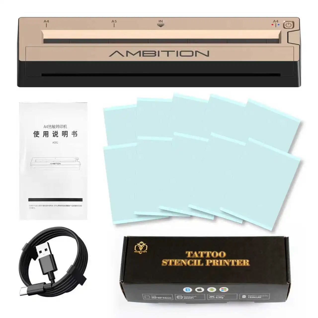 Ambition G1 Wireless Portable Thermal Tattoo Printer Inkless Transfer Machine A4 HD Printer Bluetooth USB Phone & PC For App