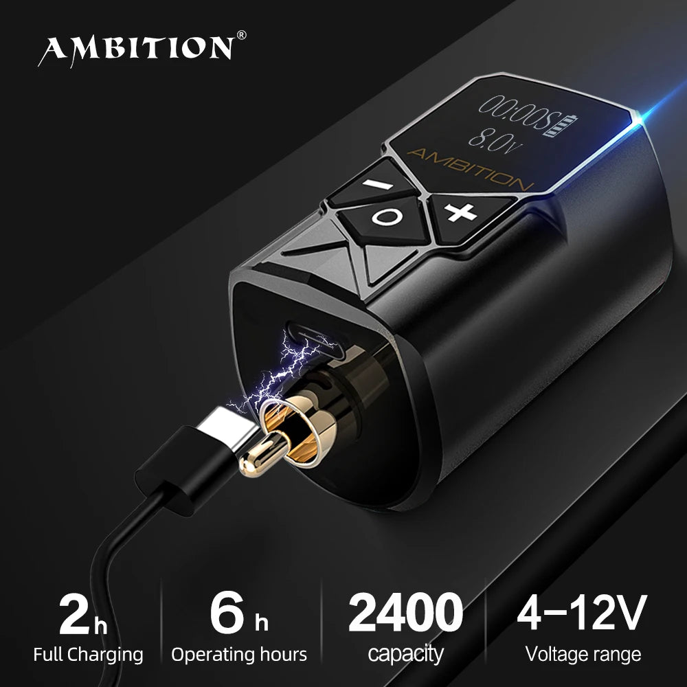 Ambition Kuark Wireless Tattoo Battery Power Supply RCA Interface 2400amh Portable LCD Display For Rotary Machine Fast Charger