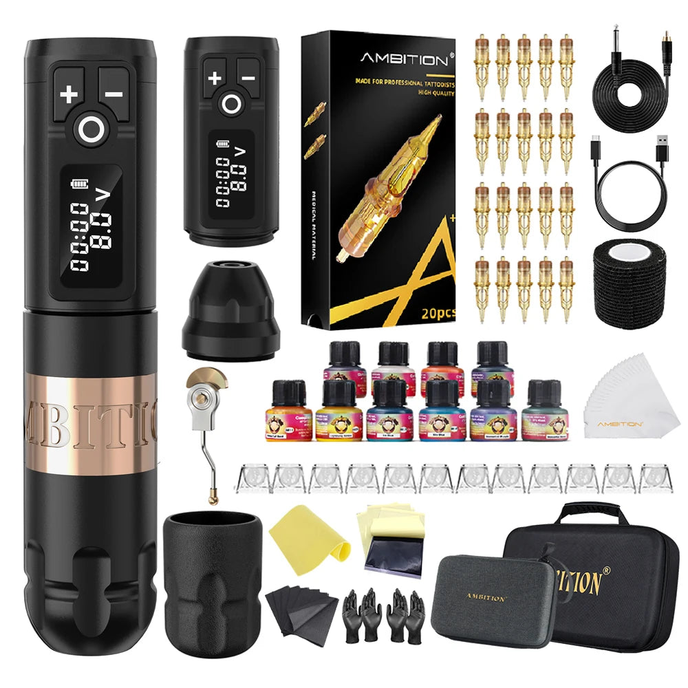 Ambition Soldier Kit Wireless Tattoo Machine Pen Gun 20pcs Glory Tattoo Cartridge Needle Set for Beginners & Professional Artist