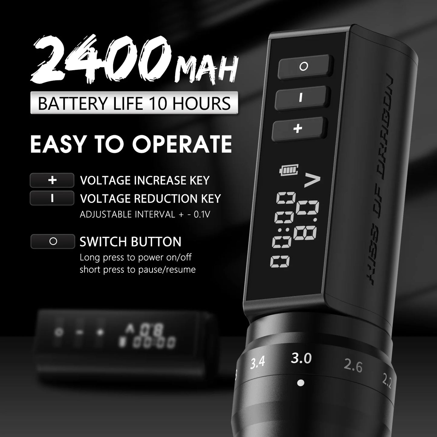 Ambition Hunter Max Professional Wireless Tattoo Machine Adjustable Stroke 2.2-4.2mm 2400mAh Battery Tattoo Pen For Body Artists