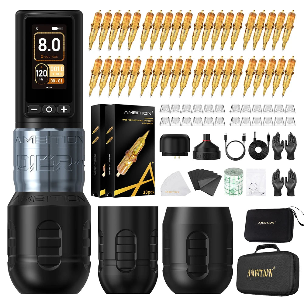 Ambition Soldier270 Kit Wireless Tattoo Machine Stroke Pen 4.0+4.5mm Professional Brushless Motor 2400mAh Battery Grip 34+42mm