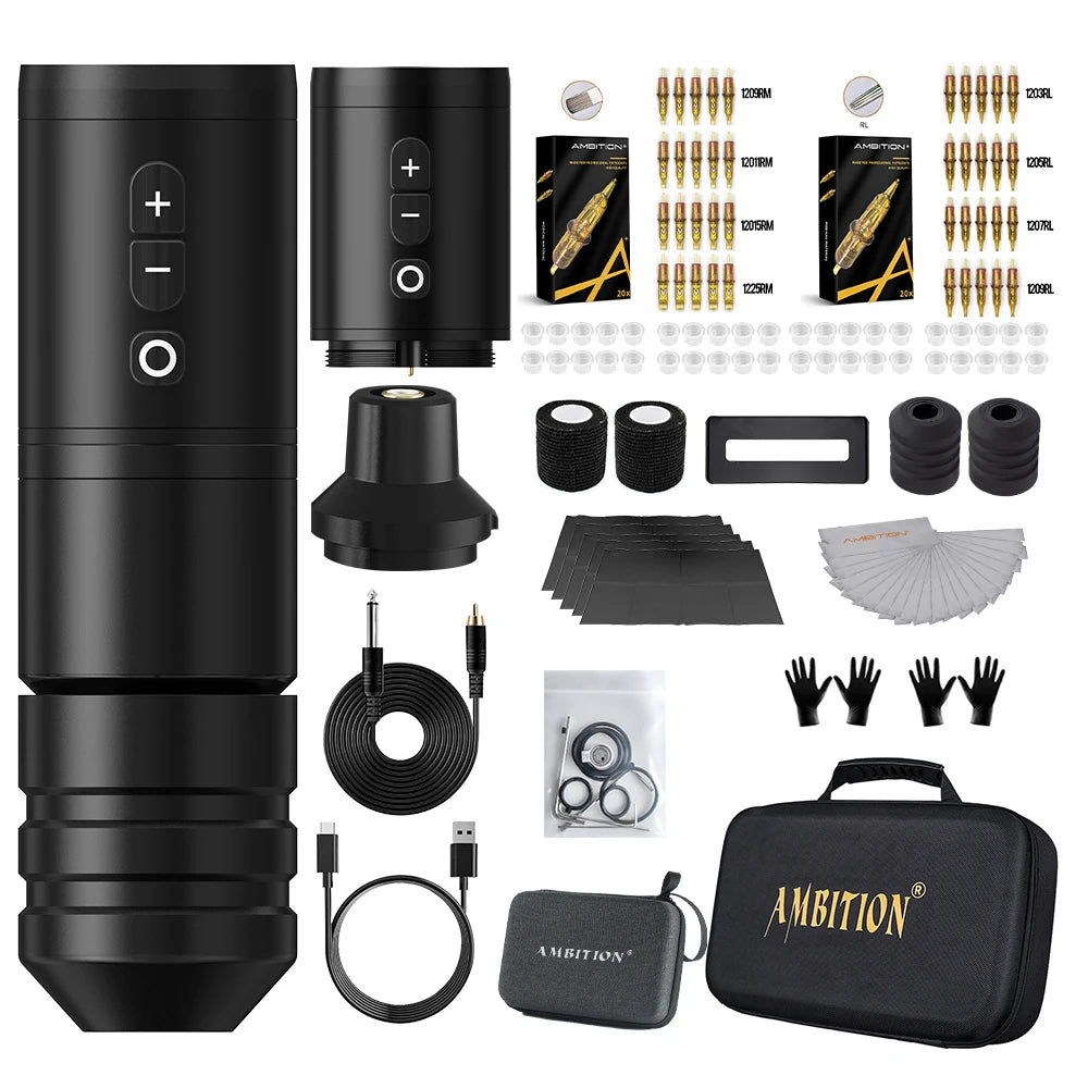 Ambition Ninja Pro Wireless Tattoo Machine Kit 2000mAh Battery 4.0mm Stroke Tattoo Pen Professional Set Permanent Makeup Tools