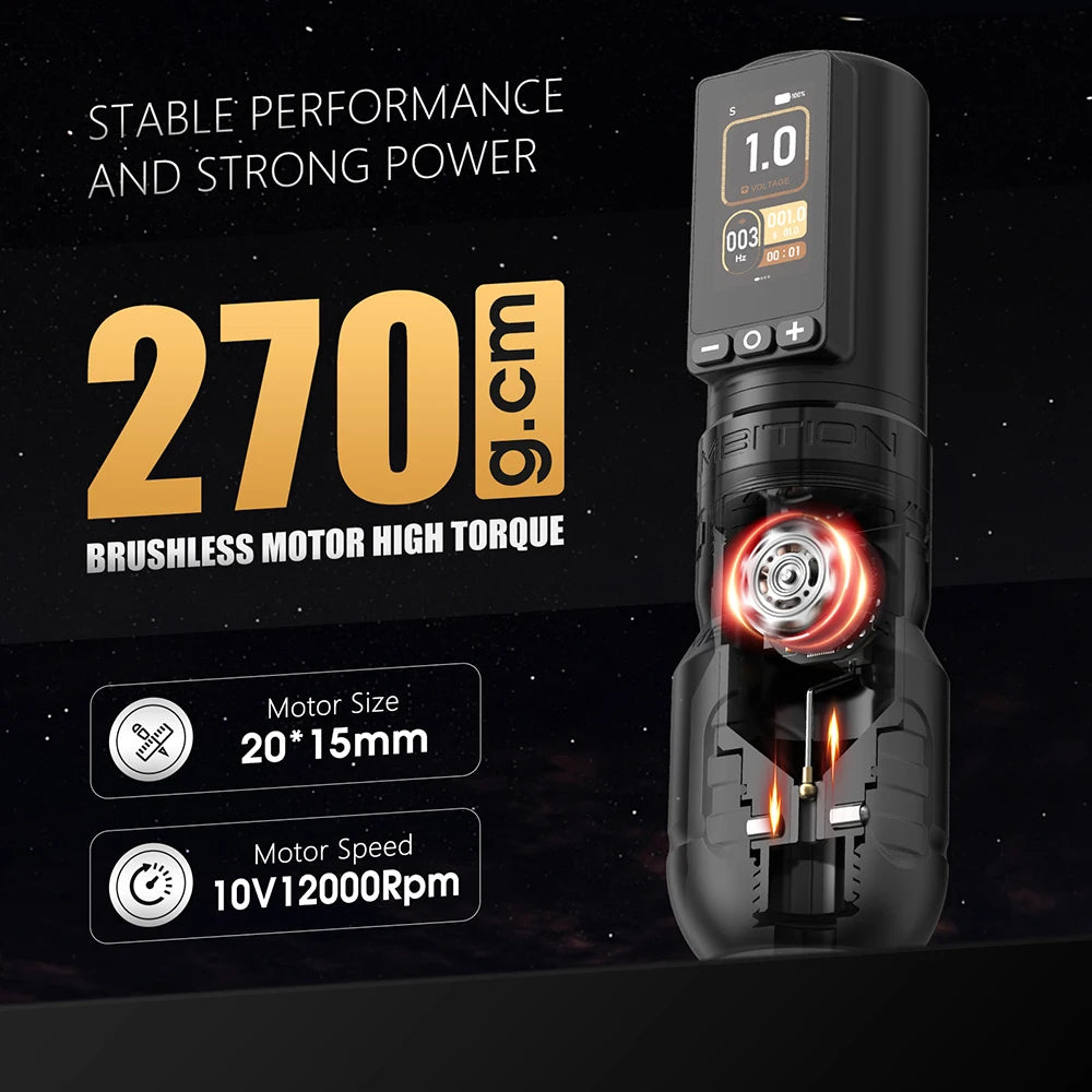 Ambition Soldier270 Kit Wireless Tattoo Machine Stroke Pen 4.0+4.5mm Professional Brushless Motor 2400mAh Battery Grip 34+42mm